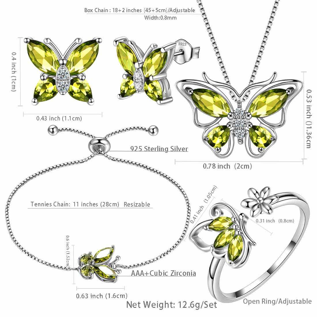 women butterfly stud earrings necklaces rings bracelets birthstone jewelry set 5pcs 925 sterling silver aurora tears jewelry August Peridot 1